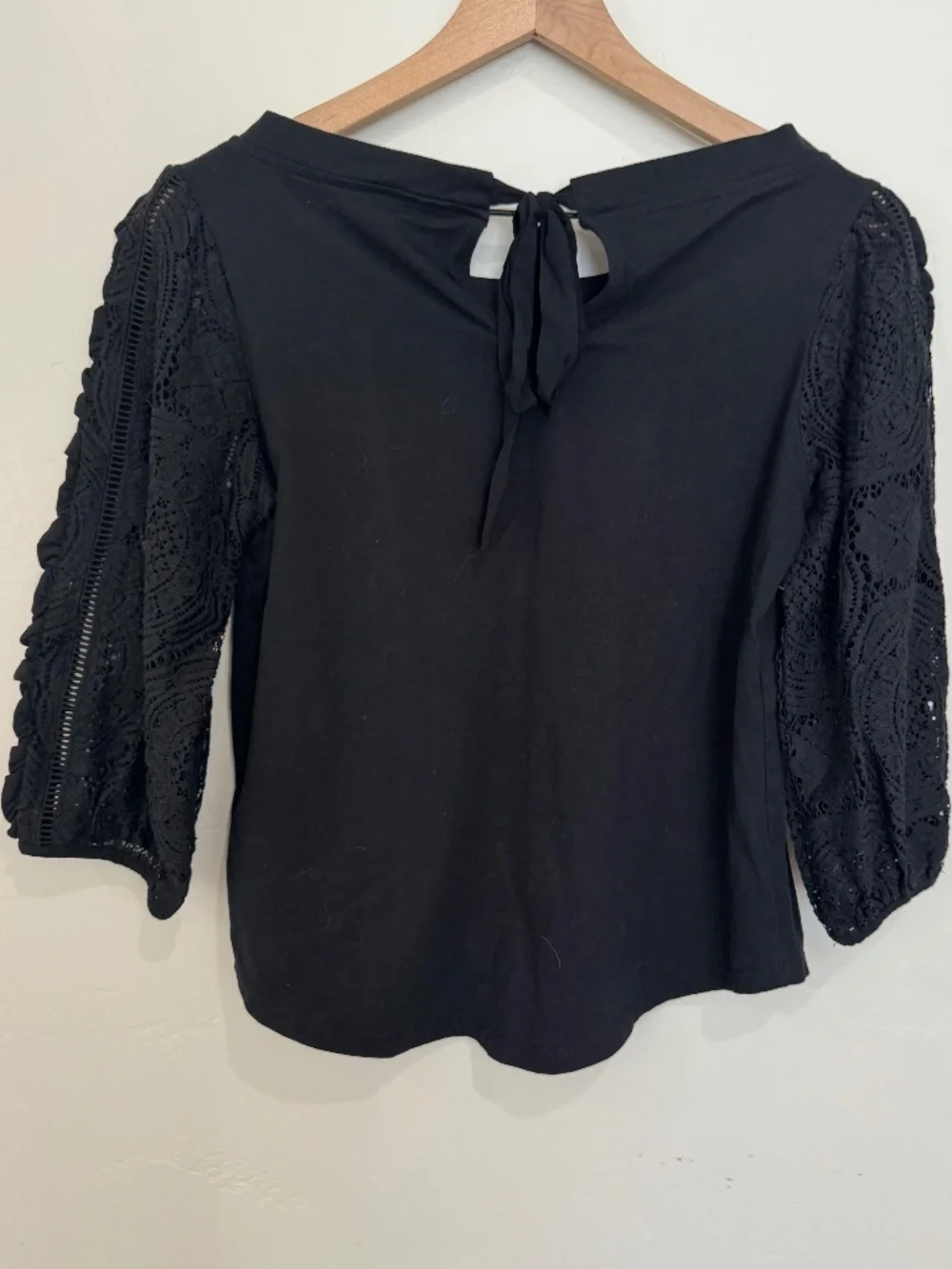 Anthropologie Nina Lace Top Size Small Sheer Crochet Sleeve Black Blouse Cotton
